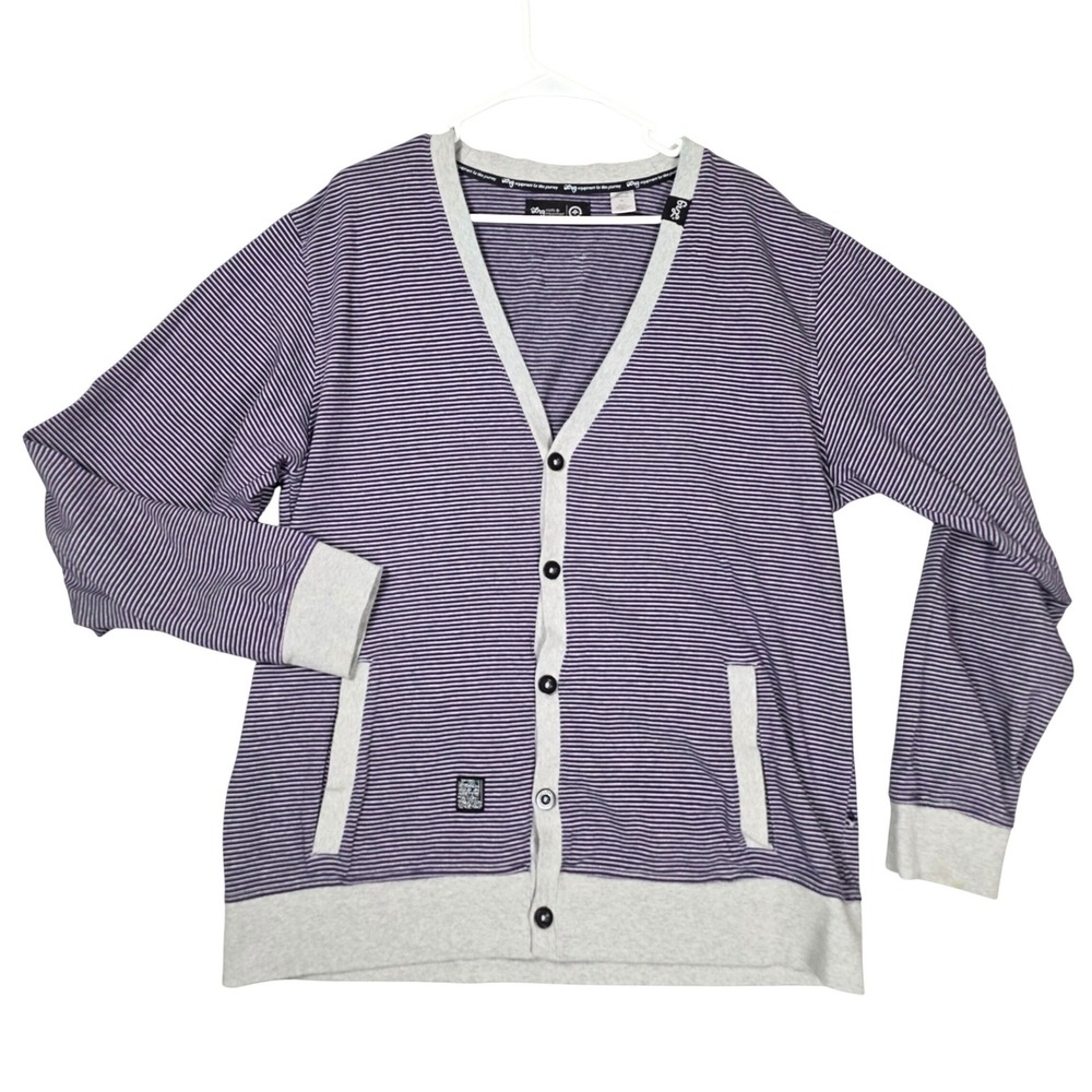 LRG Lifted Research Group Striped V-Neck Cardigan‎ 2XL Purple Gray 100% Cotton